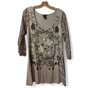 Vintage Y2K 90's Whimsigoth  Lace M.I.A Graphic GrayTunic  Mini Dress Size Large